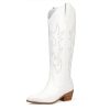 White Cowgirl Boots Women Cowboy Knee High Tall Boots Chunky Heel Pointed Toe Pull-On Western Wide Calf Boats Country Fashion