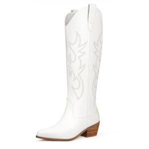 White Cowgirl Boots Women Cowboy Knee High Tall Boots Chunky Heel Pointed Toe Pull-On Western Wide Calf Boats Country Fashion