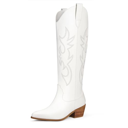 White Cowgirl Boots Women Cowboy Knee High Tall Boots Chunky Heel Pointed Toe Pull-On Western Wide Calf Boats Country Fashion