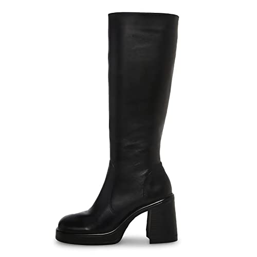 Black Leather Boots Platform Boots for Women Square Toe Chunky Block Heeled Boots