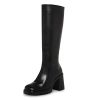 Black Leather Boots Platform Boots for Women Square Toe Chunky Block Heeled Boots