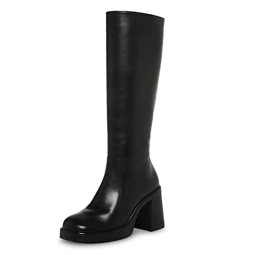 Black Leather Boots Platform Boots for Women Square Toe Chunky Block Heeled Boots