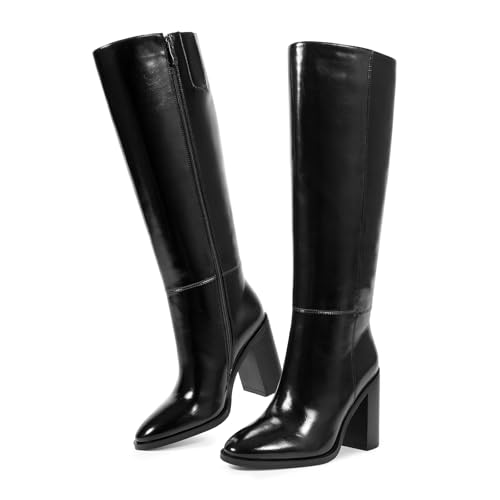 Knee High Boots Women Almond Toe Chunky Boots for Women Tall Boots with Full Side Zipper High Heel Long Boots