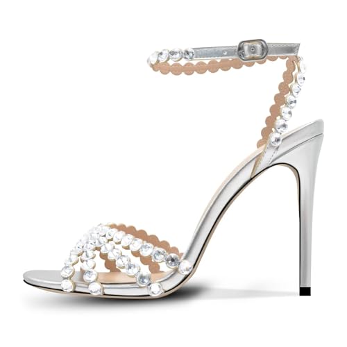 Rhinestone High Heels Stiletos Heels for Women Strappy Buckle Heels Round Toe Sexy Dressy Pumps Sandals