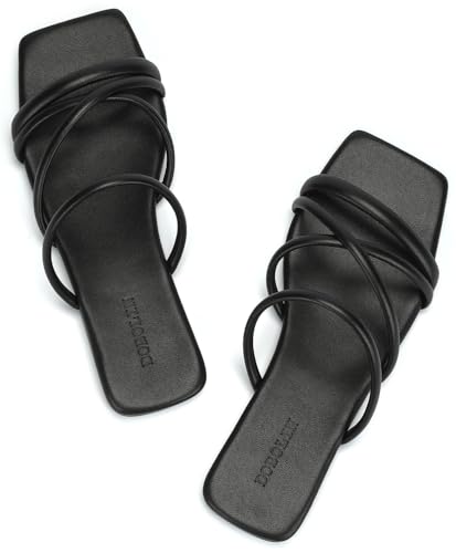 Women's Flat Sandals Strappy Square Open Toe Slide Sandals Dressy Comfortable Wide Feet Friendly