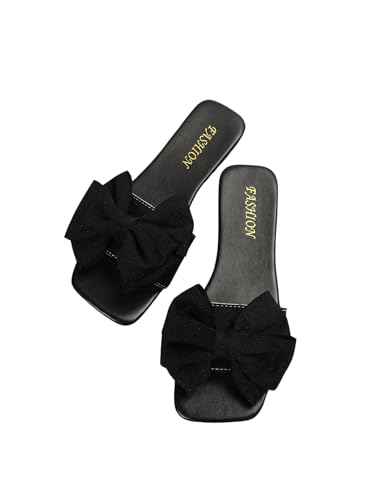 Women's Bow Square Toe Flat Sandals Summer Slides Slip On Sandals