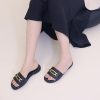 Womens Flat Sandals Round Open Toe Slip On Leather Slides for Summer