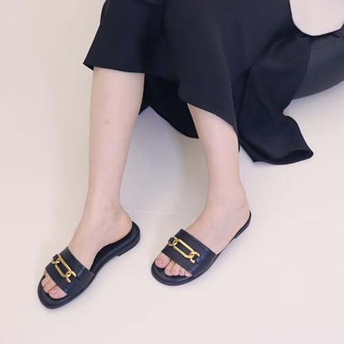 Womens Flat Sandals Round Open Toe Slip On Leather Slides for Summer