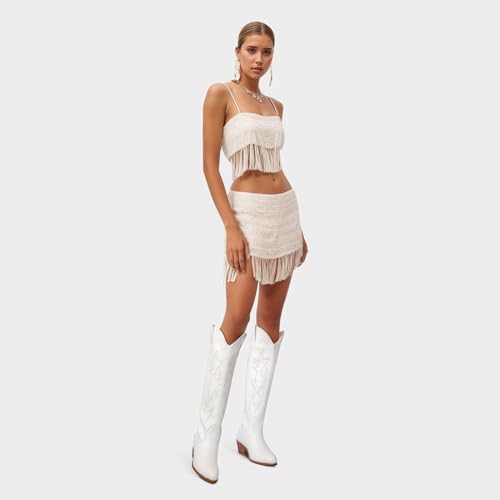 White Cowgirl Boots Women Cowboy Knee High Tall Boots Chunky Heel Pointed Toe Pull-On Western Wide Calf Boats Country Fashion