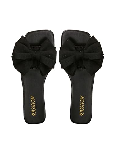 Women's Bow Square Toe Flat Sandals Summer Slides Slip On Sandals