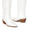 White Cowgirl Boots Women Cowboy Knee High Tall Boots Chunky Heel Pointed Toe Pull-On Western Wide Calf Boats Country Fashion