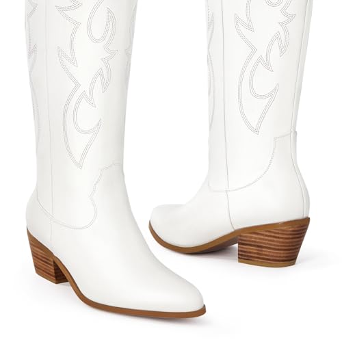 White Cowgirl Boots Women Cowboy Knee High Tall Boots Chunky Heel Pointed Toe Pull-On Western Wide Calf Boats Country Fashion