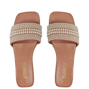 Women's Pearl Decor Flat Sandals Slip Open Toe Leather Slippers Slip on Slides