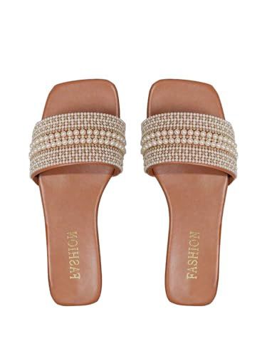 Women's Pearl Decor Flat Sandals Slip Open Toe Leather Slippers Slip on Slides