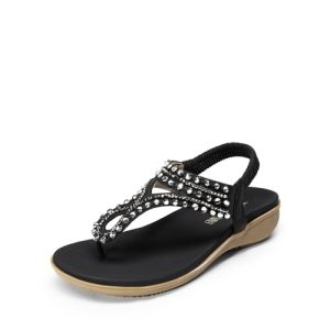 Women's Comfortable Dressy Flat Sandals Rhinestone Elastic T-Strap Thong Sandals for Summer Beach