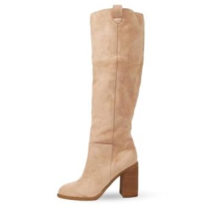 Suede Knee-High Boots Fall Boot For Women Chunky Block High Heel Slouch Fashion Boot Round Toe Side Zipper