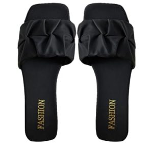 Women's Pleated Square Toe Slide Flat Sandals Summer Trendy Sandals Wedding Sandals