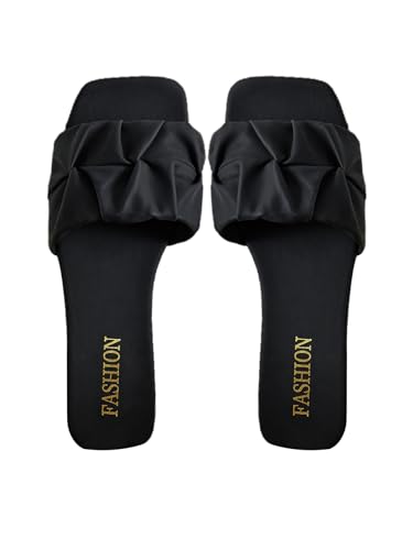 Women's Pleated Square Toe Slide Flat Sandals Summer Trendy Sandals Wedding Sandals
