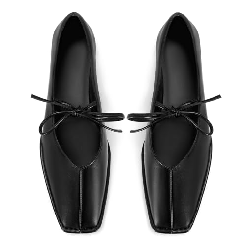 Lace Up Ballet Flats for Women Bow Square Toe Mary Jane Flats Slip On Leather Ballerina Shoes