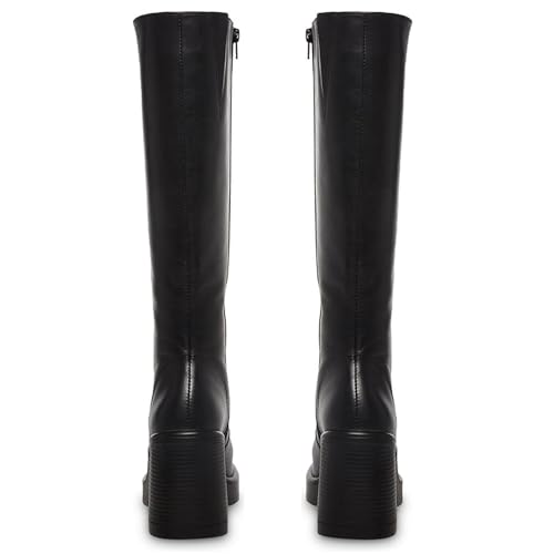 Black Leather Boots Platform Boots for Women Square Toe Chunky Block Heeled Boots