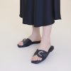 Womens Flat Sandals Round Open Toe Slip On Leather Slides for Summer