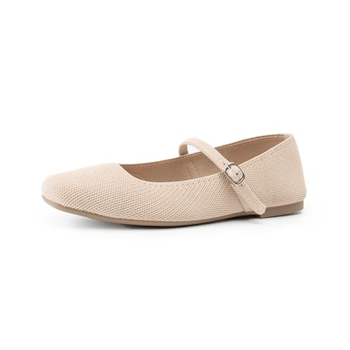 Knit Flats for Women Square Toe Flats Casual Ballet Flats with Ankle Strap,Mary Jane Shoes Women Comfortable for Dressy Office