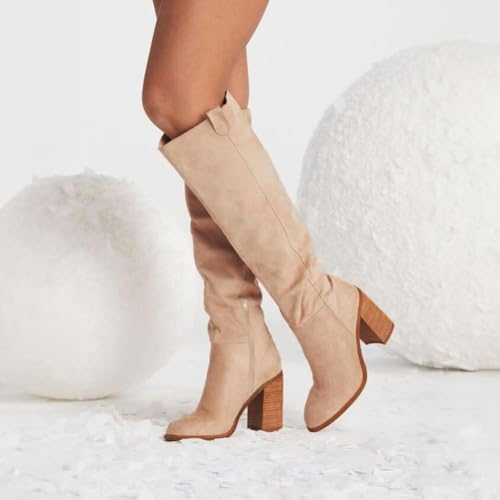 Suede Knee-High Boots Fall Boot For Women Chunky Block High Heel Slouch Fashion Boot Round Toe Side Zipper