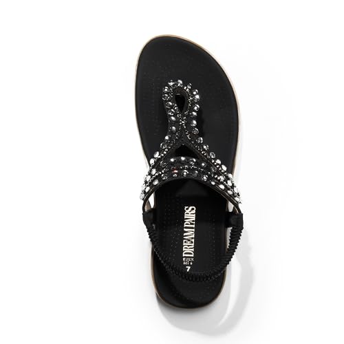 Women's Comfortable Dressy Flat Sandals Rhinestone Elastic T-Strap Thong Sandals for Summer Beach