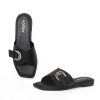 Womens Flat Sandals Round Open Toe Slip On Leather Slides for Summer
