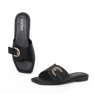 Womens Flat Sandals Round Open Toe Slip On Leather Slides for Summer