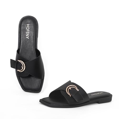 Womens Flat Sandals Round Open Toe Slip On Leather Slides for Summer