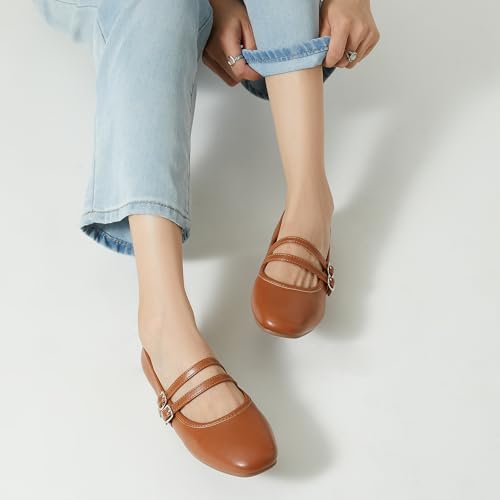 Mary Jane Shoes Women Square Toe Flats for Women Dressy Ballet Flat Mary Jane Flats with Buckle Strap Comfortable Slip On Casual