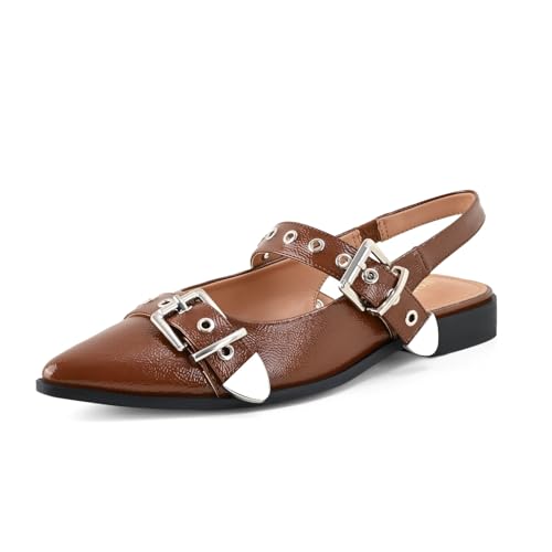 Women's Buckle Ballet Flats Pointed Closed Toe Slingback Shoes with Low Heel Comfortable Dress Flats