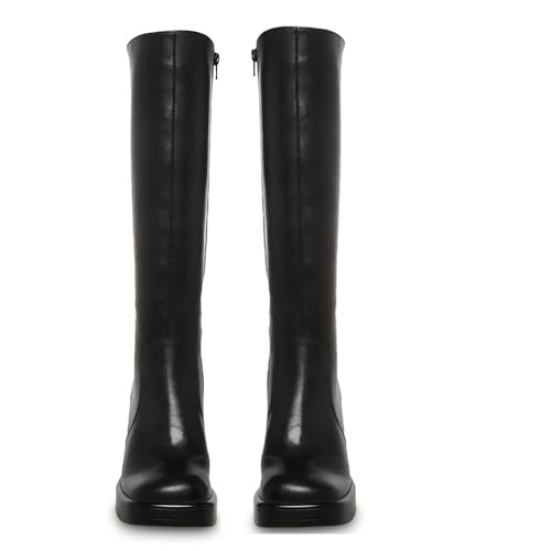 Black Leather Boots Platform Boots for Women Square Toe Chunky Block Heeled Boots