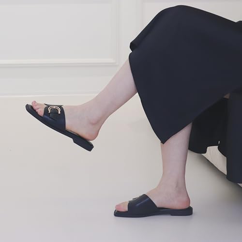 Womens Flat Sandals Round Open Toe Slip On Leather Slides for Summer