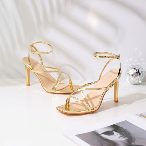Strappy Heels for Women Square Open Toe Lace Up Heeled Sandals Ankle Strap Sexy Stiletto High Heels for Party, Prom, Dating,