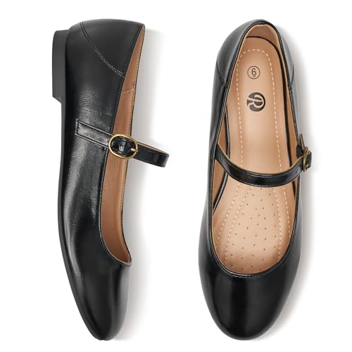 Mary Jane Flats for Women Leather Ballet Flats Shoes Round Toe Comfy Dressy Casual Work Flats with Ankle Strap