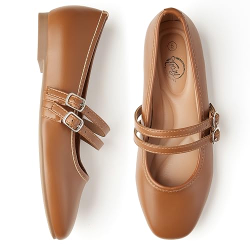 Mary Jane Shoes Women Square Toe Flats for Women Dressy Ballet Flat Mary Jane Flats with Buckle Strap Comfortable Slip On Casual
