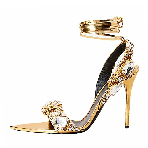 Women's Strappy Stiletto Heels with Crystal Lace Up Gladiator Sexy Open Toe High Heeled Sandals Gold Heels for Women