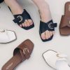 Womens Flat Sandals Round Open Toe Slip On Leather Slides for Summer
