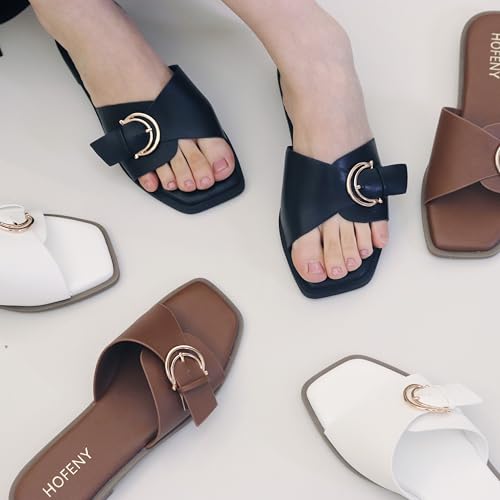 Womens Flat Sandals Round Open Toe Slip On Leather Slides for Summer