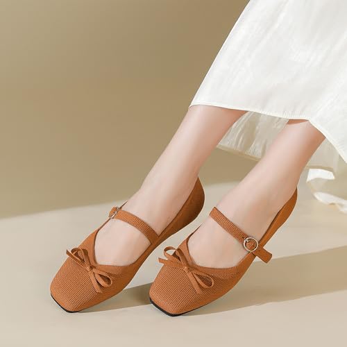 Knit Flats for Women Square Toe Flats Casual Ballet Flats with Ankle Strap,Washable Comfortable Dressy Mary Jane Flat