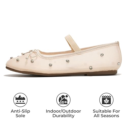 Ballet Flats Shoes for Women – Crystal-Embellished Mesh Ballet Flats Women Footwear – Non-Slip Mary Jane Shoes with Memory Foam