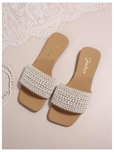 Women's Pearls Slide Sandals Open Toe Slip On Summer Sandals