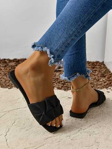 Women's Pleated Square Toe Slide Flat Sandals Summer Trendy Sandals Wedding Sandals