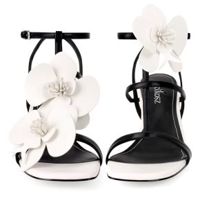 Women's Heel Sandals Flower Ankle Strap Square Open Toe Strappy Orchid Heels Dressy Sexy Wedding Shoes