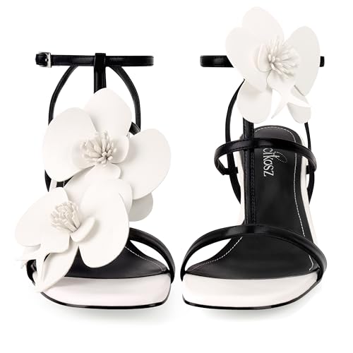 Women's Heel Sandals Flower Ankle Strap Square Open Toe Strappy Orchid Heels Dressy Sexy Wedding Shoes