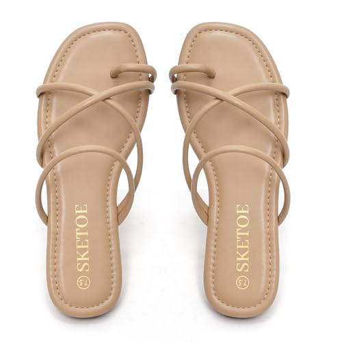 Strappy Sandals for Women Square Open Toe Flip Flops Comfortable Flat Sandals Toe Ring Thong Sandals for women