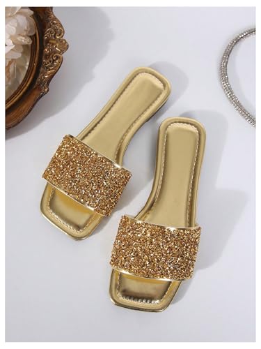 Women's Rhinestone Sandals Glitter Strappy Sequin Shoes Square Toe Sparkly Flat Sandals
