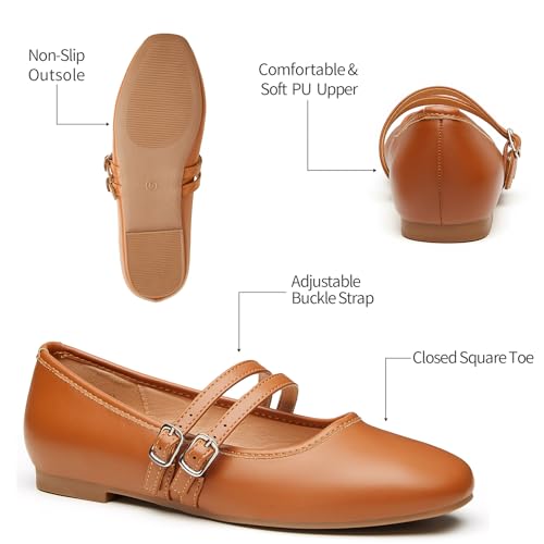 Mary Jane Shoes Women Square Toe Flats for Women Dressy Ballet Flat Mary Jane Flats with Buckle Strap Comfortable Slip On Casual